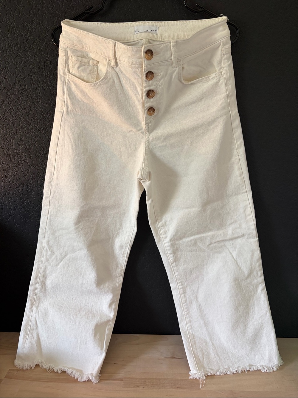 LOFT White High Rise Wide Leg Button-Front Raw Hem Jeans Stretchy